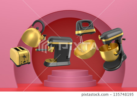 Set of kitchen appliances including mixer, toaster, blender, and coffee maker on white colorful podium and background 135748195