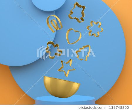 Set of cookie cutters float above a bowl and podium with abstract background, symbolizing baking creativity Set of cookie cutters float above a bowl and podium with abstract background, symbolizing baking creativity 135748200