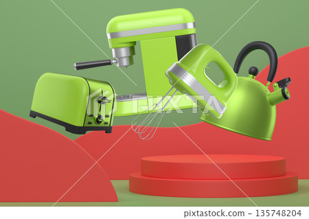 Assorted kitchen appliances including mixer, toaster, kettle and coffee maker over podium on abstract background Assorted kitchen appliances including mixer, toaster, kettle and coffee maker over podium on abstract background 135748204