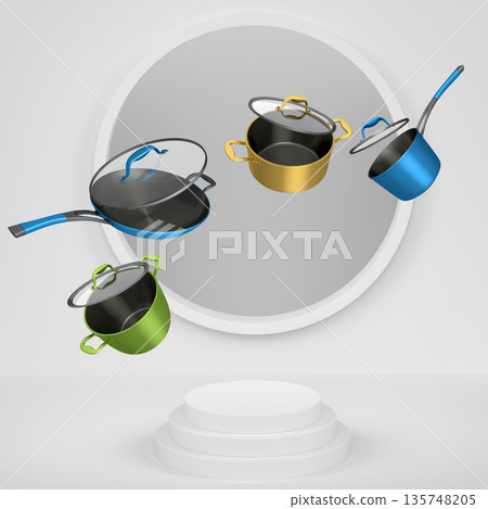 Set of kitchen cookware set with lids floating in midair, over colorfull podium and backdrop, concept of premium utensils Set of kitchen cookware set with lids floating in midair, over colorfull podium and backdrop, concept of premium utensils 135748205