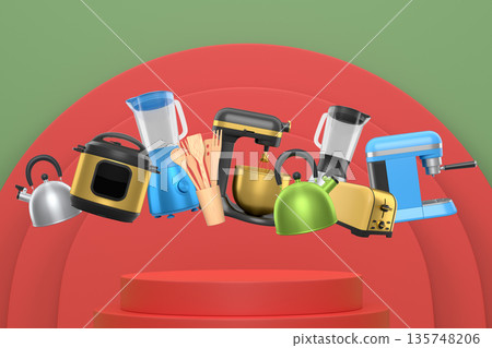 Set of kitchen appliances including mixer, toaster, blender, and coffee maker on white colorful podium and background Set of kitchen appliances including mixer, toaster, blender, and coffee maker on white colorful podium and background 135748206
