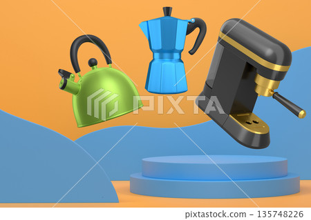 Set of kettle, moka pot and portafilter with black handles floating above pedestal and abstract minimal abstract background, 135748226