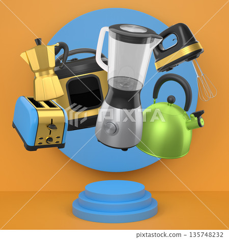Set of kitchen appliances and utensils floating in mid-air over podium and abstract background, modern cooking concepts 135748232