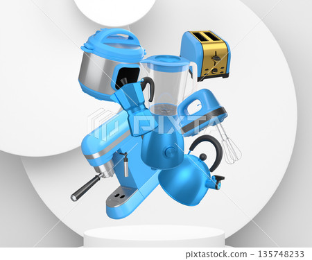 Set of kitchen appliances including mixer, toaster, blender, and coffee maker on white colorful podium and background 135748233