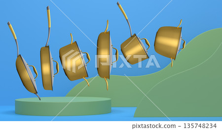 Set of kitchen cookware set with lids floating in midair, over colorfull podium and backdrop, concept of premium utensils 135748234