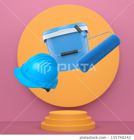 Hard hat, paint bucket and roller brush floating in air over podium on abstract background, renovation and construction tools Hard hat, paint bucket and roller brush floating in air over podium on abstract background, renovation and construction tools 135748242