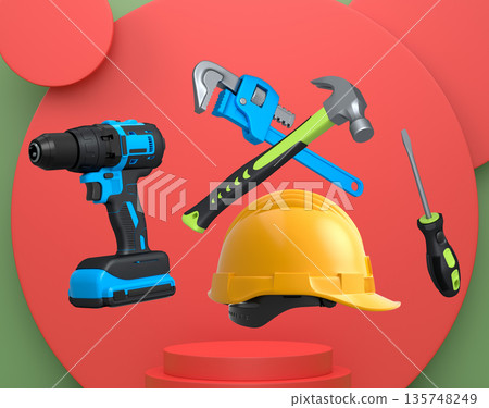 Construction tools and safety equipment floating over podium on abstract background, industrial work and protection concept 135748249