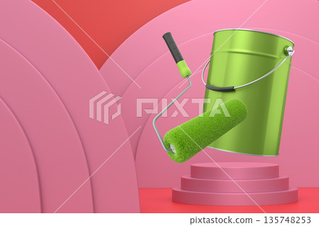 Paint roller and metal bucket floating over podium with abstract background, representing home renovation concept 135748253