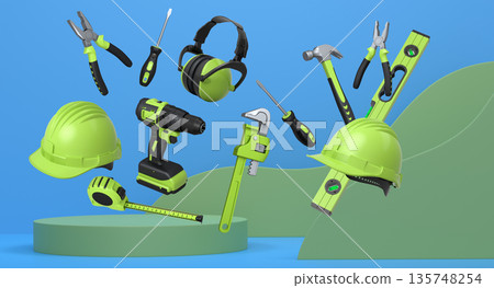 Construction tools and safety equipment floating over podium on abstract background, industrial work and protection concept Construction tools and safety equipment floating over podium on abstract background, industrial work and protection concept 135748254