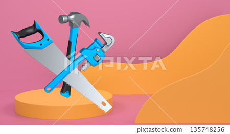 Colorful saw, hammer, and wrench floating in mid-air above white pedestal or podium, concept of construction and repair 135748256