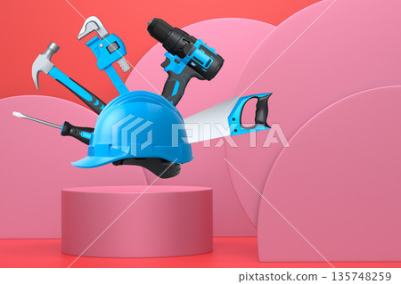 Construction tools and safety equipment floating over podium on abstract background, industrial work and protection concept Construction tools and safety equipment floating over podium on abstract background, industrial work and protection concept 135748259
