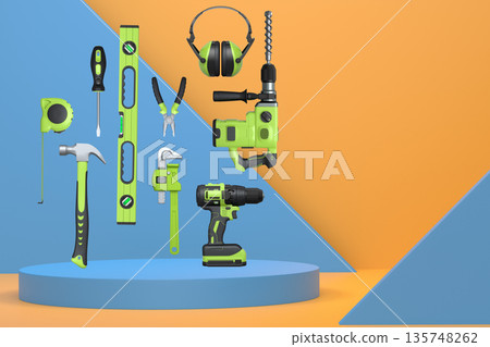 Construction tools and safety equipment floating over podium on abstract background, industrial work and protection concept Construction tools and safety equipment floating over podium on abstract background, industrial work and protection concept 135748262