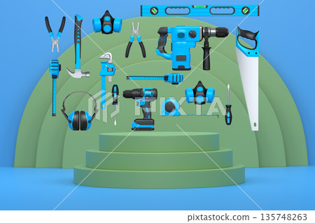 Construction tools and safety equipment floating over podium on abstract background, industrial work and protection concept 135748263