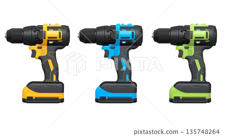 Set of cordless electric drills standing upright, isolated on white background with clipping path, power tool design concept Set of cordless electric drills standing upright, isolated on white background with clipping path, power tool design concept 135748264