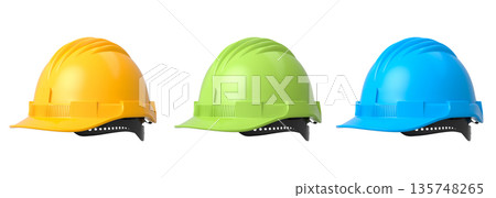 Set of construction safety helmets isolated on white transparent background, symbolizing safety and industry standards Set of construction safety helmets isolated on white transparent background, symbolizing safety and industry standards 135748265