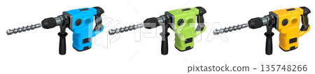 Set of electric rotary hammers with side handles and drill bits, isolated on white transparent background, concept of power tools 135748266