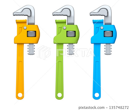 Set of colorful pipe wrenches with metallic jaws isolated on white background with clipping path, concept of construction tools Set of colorful pipe wrenches with metallic jaws isolated on white background with clipping path, concept of construction tools 135748272
