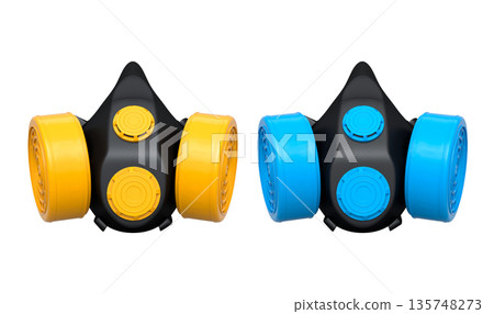 Set of professional respirator gas masks with dual filters on white background with clipping path. Concept of construction tools Set of professional respirator gas masks with dual filters on white background with clipping path. Concept of construction tools 135748273