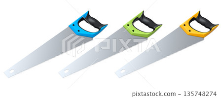 Set of hand saws with ergonomic handles, displayed on white background with clipping path, Construction tool concept Set of hand saws with ergonomic handles, displayed on white background with clipping path, Construction tool concept 135748274