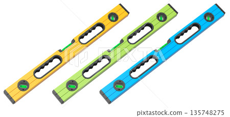 Set of bubble spirit levels with black handles on white background with clipping path, representing construction tools Set of bubble spirit levels with black handles on white background with clipping path, representing construction tools 135748275