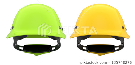 Set of construction safety helmets isolated on white transparent background, symbolizing safety and industry standards Set of construction safety helmets isolated on white transparent background, symbolizing safety and industry standards 135748276