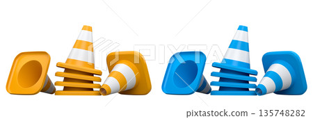 Traffic safety cones with white stripes, isolated on white background with clipping path. Concept of road safety equipment Traffic safety cones with white stripes, isolated on white background with clipping path. Concept of road safety equipment 135748282