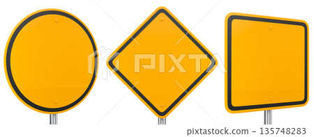 Blank traffic signs with different shapes and colors on metal poles on white background with clipping path, concept of road safety Blank traffic signs with different shapes and colors on metal poles on white background with clipping path, concept of road safety 135748283
