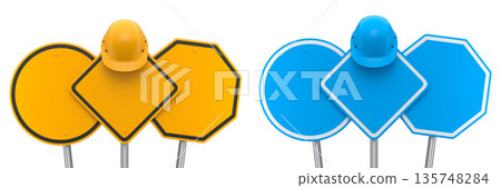 Blank traffic signs with different shapes and colors on metal poles on white background with clipping path, concept of road safety Blank traffic signs with different shapes and colors on metal poles on white background with clipping path, concept of road safety 135748284