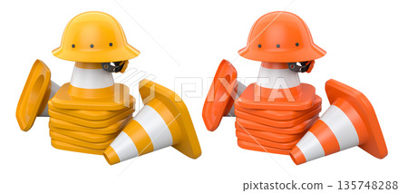 Stack of construction helmets and traffic cones isolated white background with clipping path, representing safety equipment Stack of construction helmets and traffic cones isolated white background with clipping path, representing safety equipment 135748288