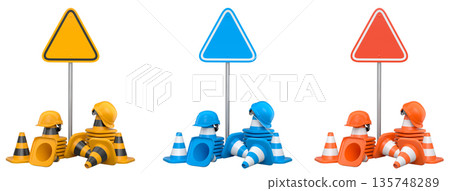 Construction hard hats, traffic cones, and road signs isolated on white background with clipping path, concept of safety gear Construction hard hats, traffic cones, and road signs isolated on white background with clipping path, concept of safety gear 135748289