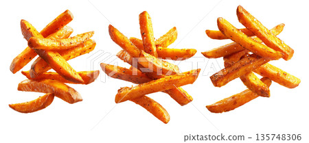 Set of Kumara sweet potato fries with black pepper and herbs, isolated on white background, concept of New Zealand fast food snack Set of Kumara sweet potato fries with black pepper and herbs, isolated on white background, concept of New Zealand fast food snack 135748306