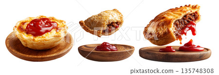 Set of Australia meat pie filled with minced meat and topped with ketchup, isolated on white transparent background Set of Australia meat pie filled with minced meat and topped with ketchup, isolated on white transparent background 135748308