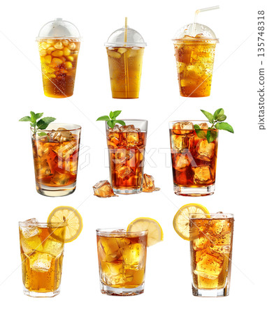 Chilled kombucha amber served with a slice of lemon and abundant ice Chilled kombucha amber served with a slice of lemon and abundant ice 135748318