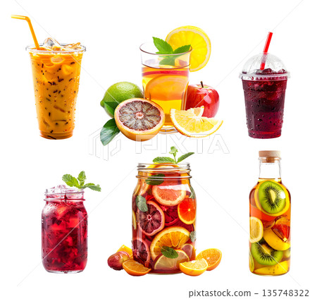 Hibiscus ice tea, Thai iced tea and fruit tea blend of berries, citrus slices and mint leaves isolated on white Hibiscus ice tea, Thai iced tea and fruit tea blend of berries, citrus slices and mint leaves isolated on white 135748322
