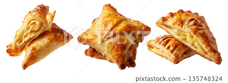 Flaky filled puff pastries pocket with melted cheese oozing out, isolated on white background, concept of Brazil snack 135748324