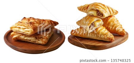 Flaky filled puff pastries pocket with melted cheese oozing out, isolated on white background, concept of Brazil snack 135748325