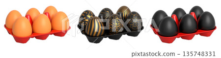 Elegant black eggs with gold patterns in trays, isolated on white transparent background. Elegant black eggs with gold patterns in trays, isolated on white transparent background. 135748331