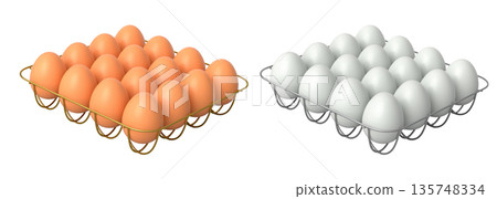 Metal trays filled with neatly stacked white and brown eggs, isolated on white transparent background. 135748334