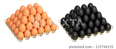Metal trays filled with neatly stacked brown and black eggs, isolated on white transparent background. Metal trays filled with neatly stacked brown and black eggs, isolated on white transparent background. 135748335