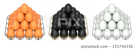 Metal trays filled with neatly stacked brown, white and black eggs, isolated on white transparent background. 135748336