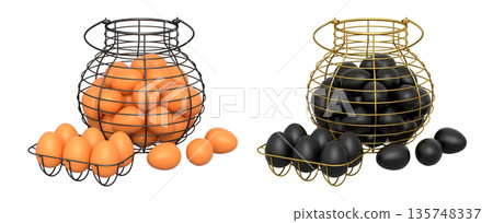 Wire baskets filled with eggs, isolated on white transparent background, concept of kitchen storage Wire baskets filled with eggs, isolated on white transparent background, concept of kitchen storage 135748337