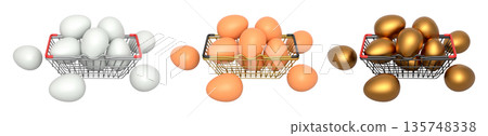 Wire baskets filled with eggs, isolated on white transparent background, concept of kitchen storage Wire baskets filled with eggs, isolated on white transparent background, concept of kitchen storage 135748338