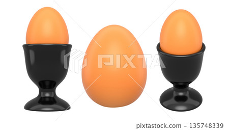 Brown eggs in black egg cups isolated on white background, concept of breakfast or food presentation Brown eggs in black egg cups isolated on white background, concept of breakfast or food presentation 135748339
