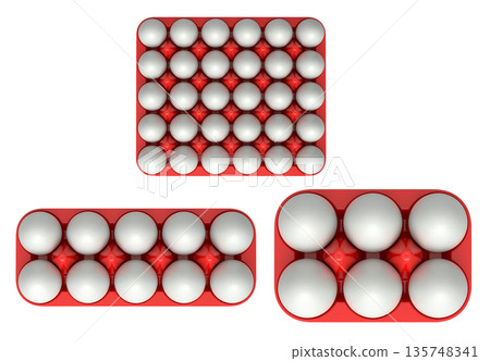 Plastic trays filled with neatly stacked white eggs, isolated on white transparent background. Plastic trays filled with neatly stacked white eggs, isolated on white transparent background. 135748341