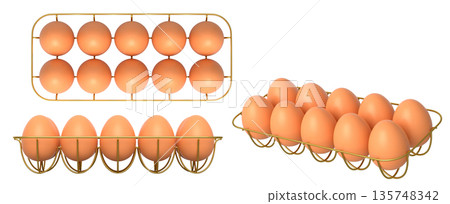 Metal trays filled with neatly stacked brown eggs, isolated on white transparent background. 135748342