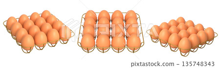 Metal trays filled with neatly stacked brown eggs, isolated on white transparent background. Metal trays filled with neatly stacked brown eggs, isolated on white transparent background. 135748343