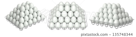 Metal trays filled with neatly stacked white eggs, isolated on white transparent background. 135748344