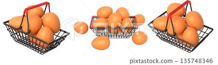 Wire baskets filled with eggs, isolated on white transparent background, concept of kitchen storage 135748346