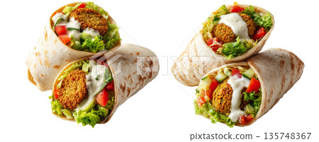 Tasty falafel wraps in pita filled with lettuce, tomato, cucumber, onion, and tahini drizzle sauce isolated on white background Tasty falafel wraps in pita filled with lettuce, tomato, cucumber, onion, and tahini drizzle sauce isolated on white background 135748367