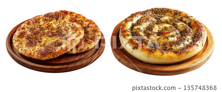 Manakish flatbreads bread slices topped with za'atar, cheese and sesame seeds, isolated on white transparent background Manakish flatbreads bread slices topped with za'atar, cheese and sesame seeds, isolated on white transparent background 135748368